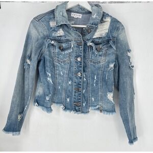 Cello Distressed Denim Jacket Women's Small Light Wash‎ Ripped Frayed